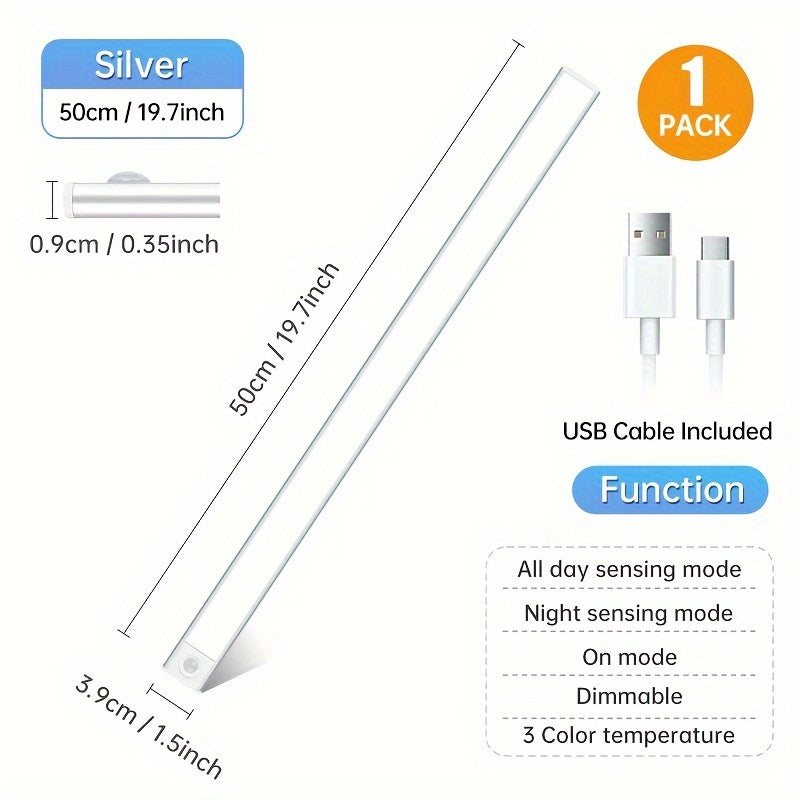 One rechargeable sensor light strip with adjustable brightness and three colors available.