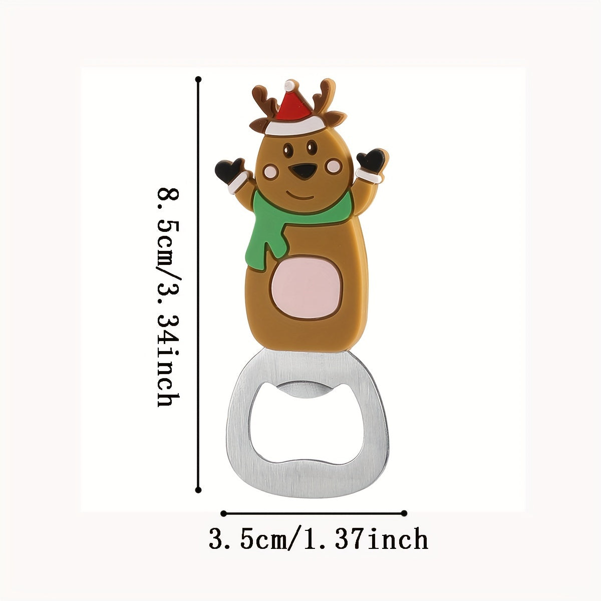 Christmas tree magnetic bottle opener with cute cartoon design, stainless steel for opening beer and soda caps, doubles as a fridge magnet for holiday kitchen decor.