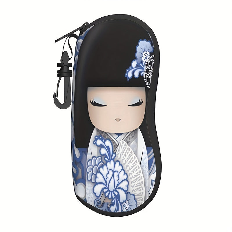 Stylish Crimson Sakura Kokeshi Doll Pattern Glasses Holder - Compact Zippered Glasses Pouch for Fashionable Travelers, Made of Tough Synthetic Rubber, Suitable for Men and Women