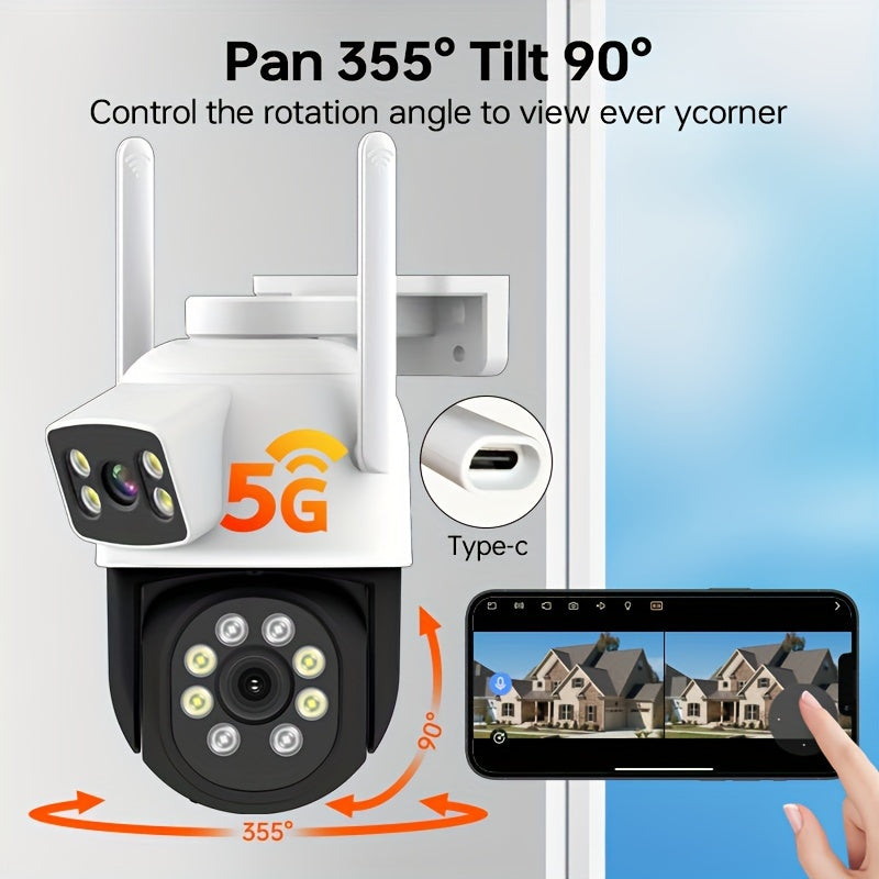 Ikki linzali PTZ xavfsizlik kamerası, 2.4/5GHz ikki diapazonli WiFi, 4MP ochiq simsiz IP kamera, 360 daraja ko'rinishdagi CCTV kamera, harakatni aniqlash, 2 tomonlama audio, ilova ogohlantirishi, bulutli saqlash (yo'q)