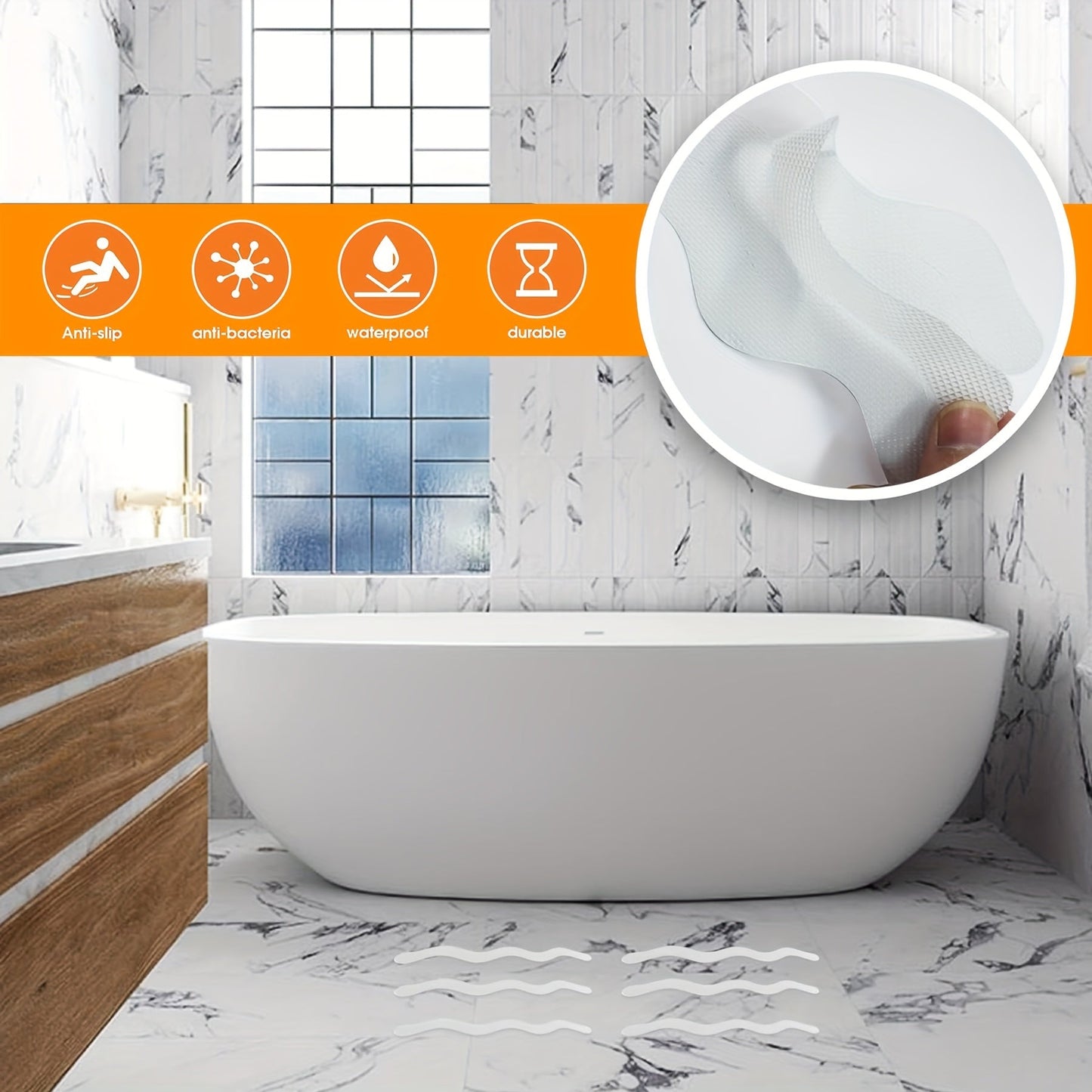 Enhance safety in your bathroom with 24 pieces of EVA Non-Slip Bathtub Stickers featuring a wavy line design. This anti-skid tape provides a durable adhesive grip to prevent slips in the shower and on stairs. Each set includes a scraper for easy