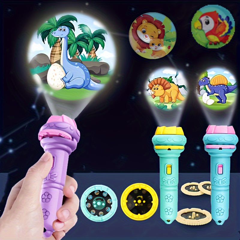 Flashlight projector with 32 patterns of dinosaurs, animals, ocean themes, fruits, and numbers - an educational bedtime toy for winter.