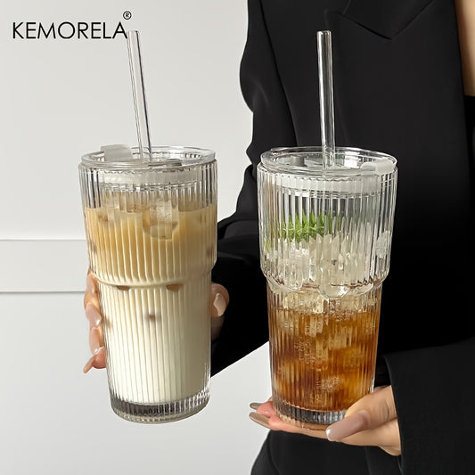 KEMORELA Large Capacity Vertical Striped Glass Cups, with or without lid, for cold drinks, juice, coffee, and water.