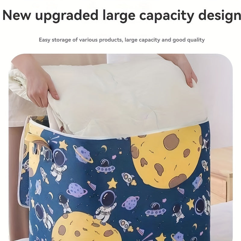 Large capacity non-woven fabric storage bag with a space-themed design. This waterproof rectangle quilt organizer features a flip top closure, making it ideal for storing clothes and blankets. It is multipurpose, dust-proof, and moisture-proof, perfect