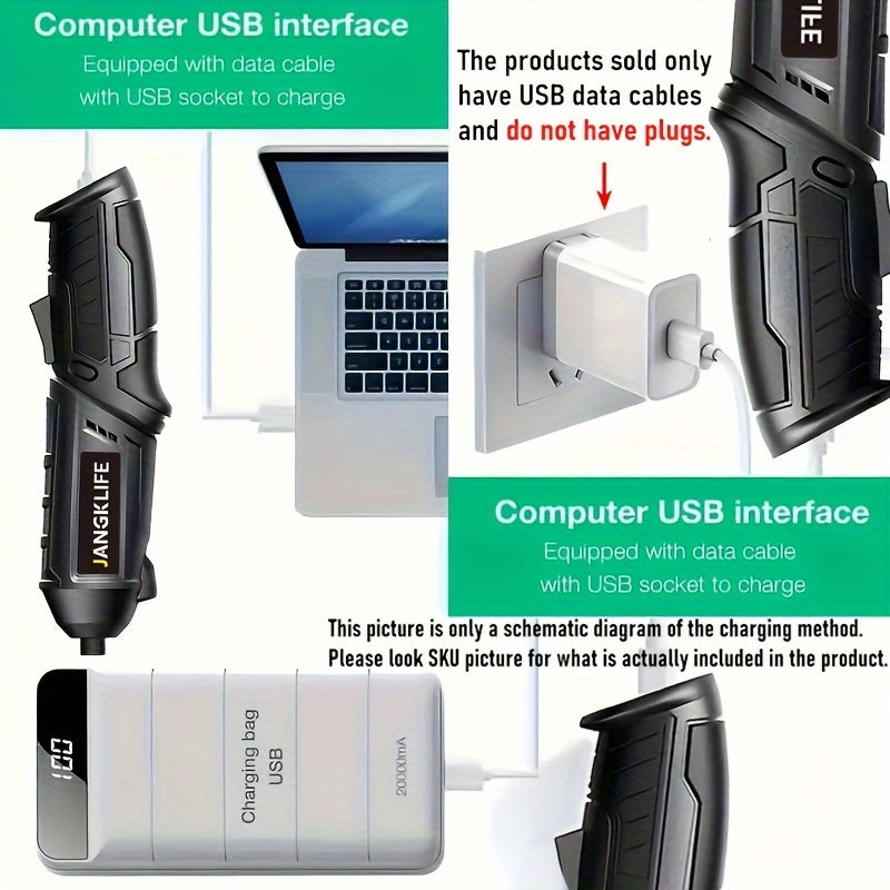 16-piece cordless electric screwdriver set with 90° rotatable power drill, rechargeable lithium battery, and LED light for home and office use.