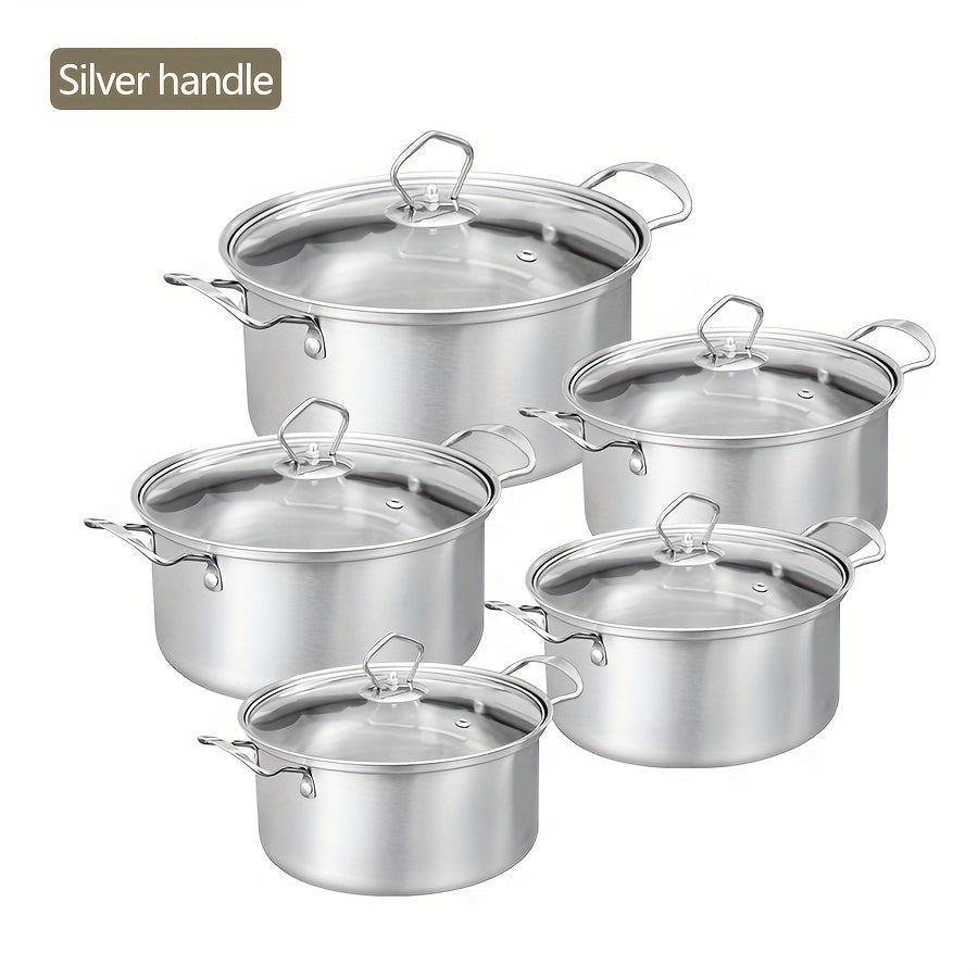 This set includes 10 stainless steel pots in various sizes (15.98cm, 17.98cm, 20.5cm, 22.2cm, and 24.18cm). Each pot comes with a matching lid, making it a total of 5 pots and 5 lids. The pots feature stainless steel double handles for easy handling and