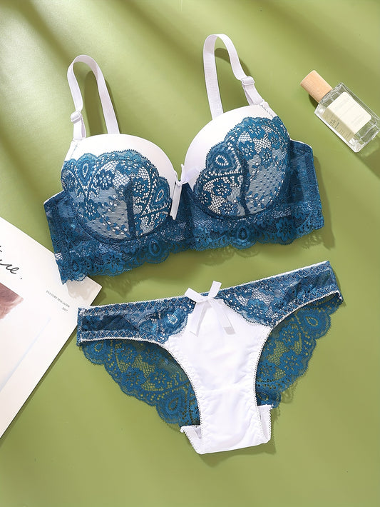 French Romantic Stylish Sexy Women's Bra Set with Lace Color-Blocking, Including Lingerie and Panties - all in one set.