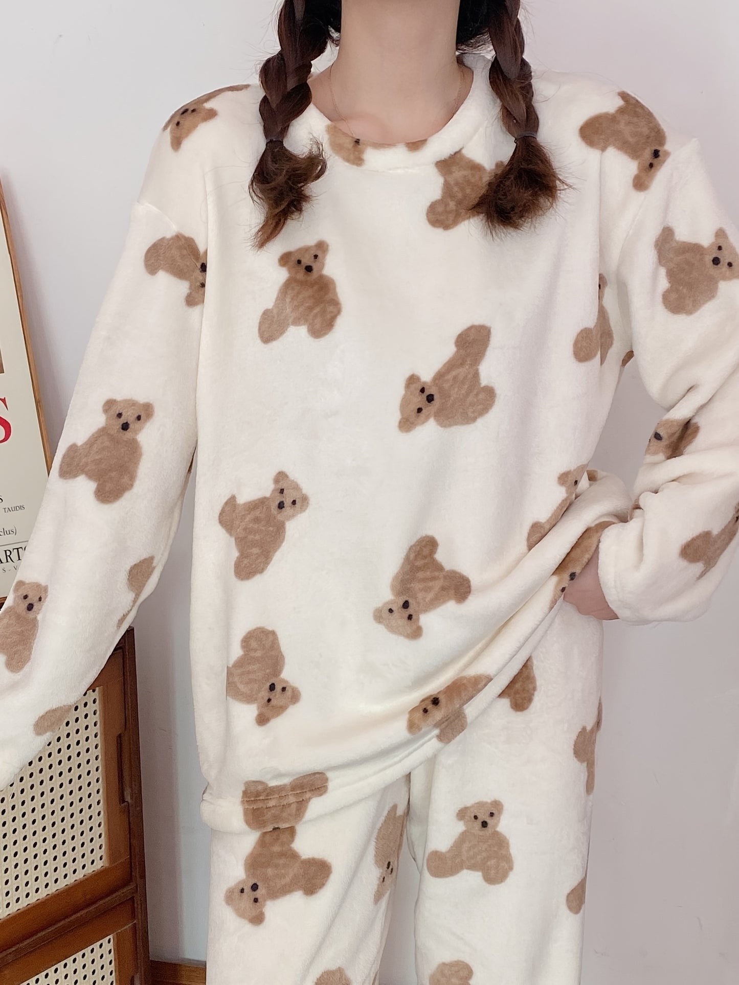 Cozy Teddy Bear Print Pajama Set for Women