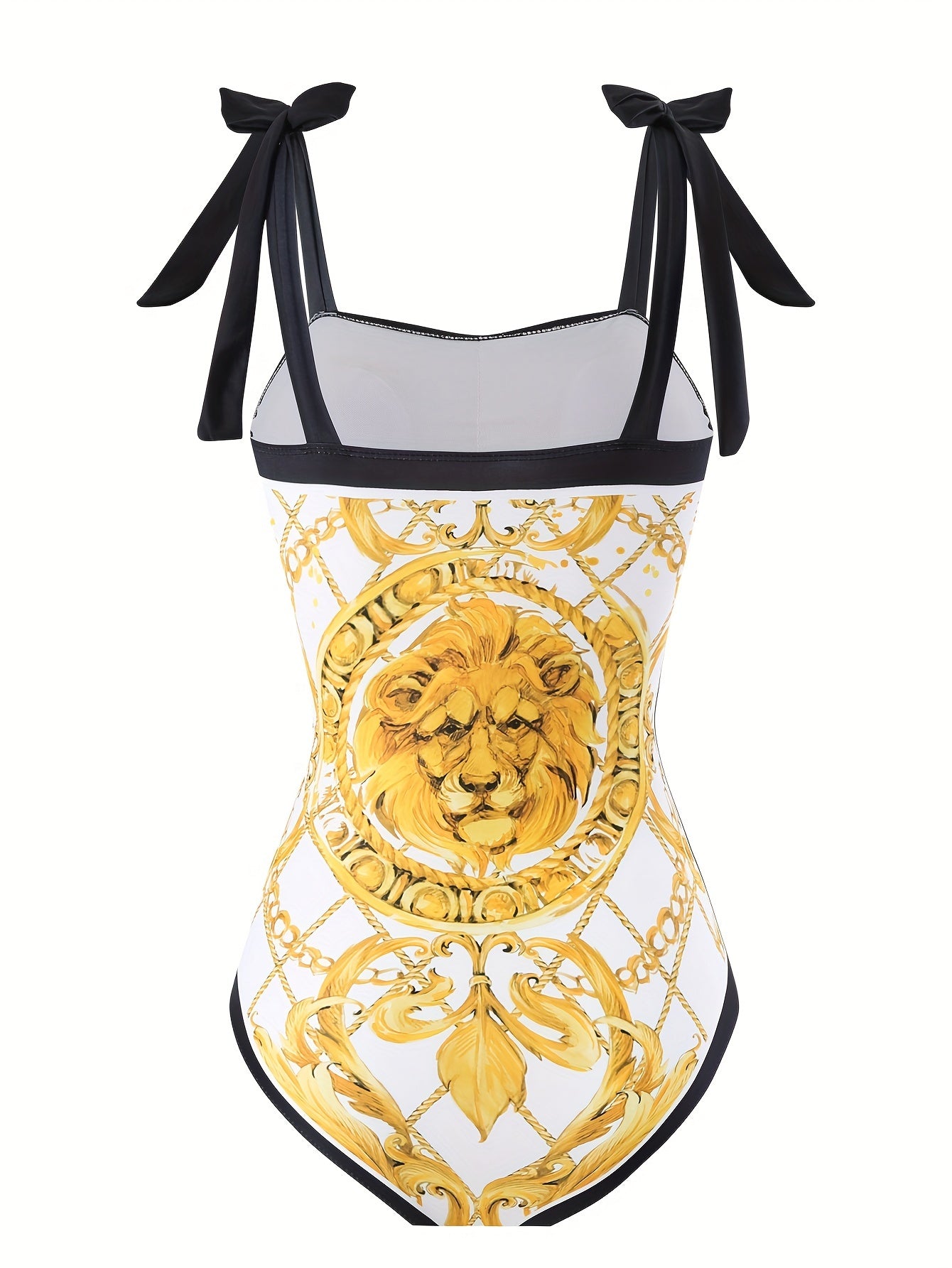 Golden Tone Lion Print 2 Piece Swimsuits with Bowknot Shoulder and Mesh Cover Up, Perfect for Koningsdag.