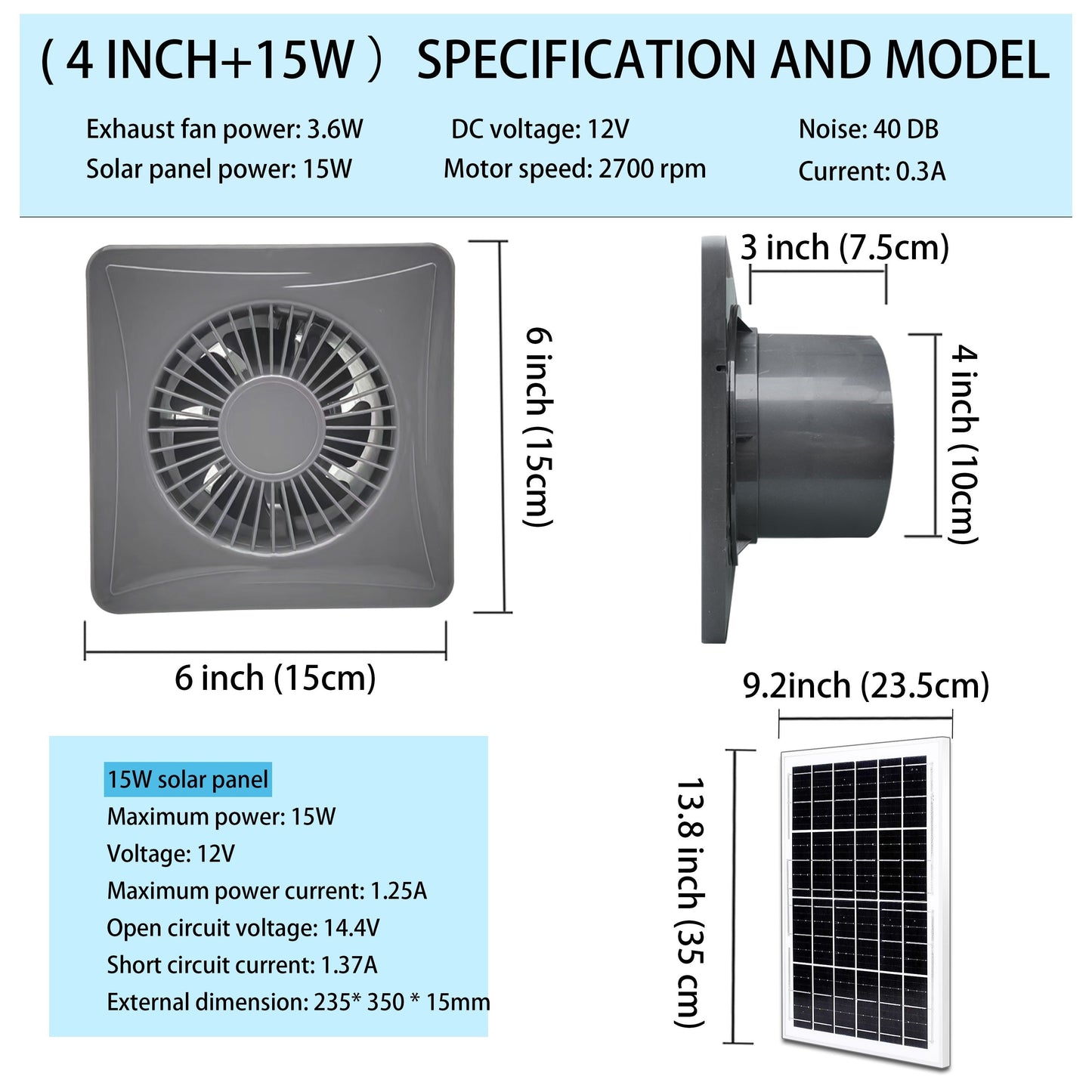 Solar-powered 10.16cm fan with weatherproof design and durable aluminum housing. Perfect for chicken coops, sheds, and greenhouses. Includes 5m cable.