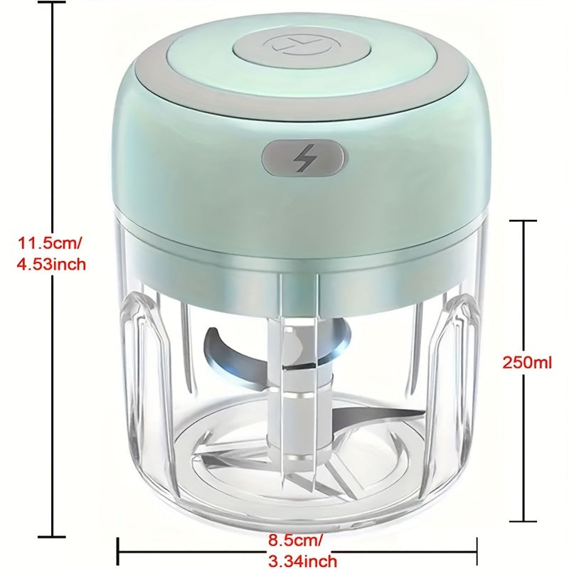 The handheld wireless garlic grinder is a mini electric food chopper with a 250ml capacity. It is portable and rechargeable via USB, made of plastic and suitable for blending fruits, vegetables, onions, nuts, and meat. The chopper operates automatically