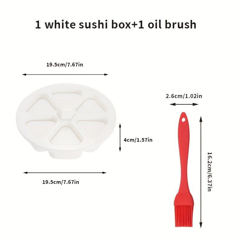 Triangle-shaped Sushi Mold Set includes 6 pieces and an oil brush, perfect for creating onigiri rice balls for bento boxes. This plastic kit is ideal for making Japanese sushi and is safe to use with food. Make delicious seaweed-wrapped rice with this