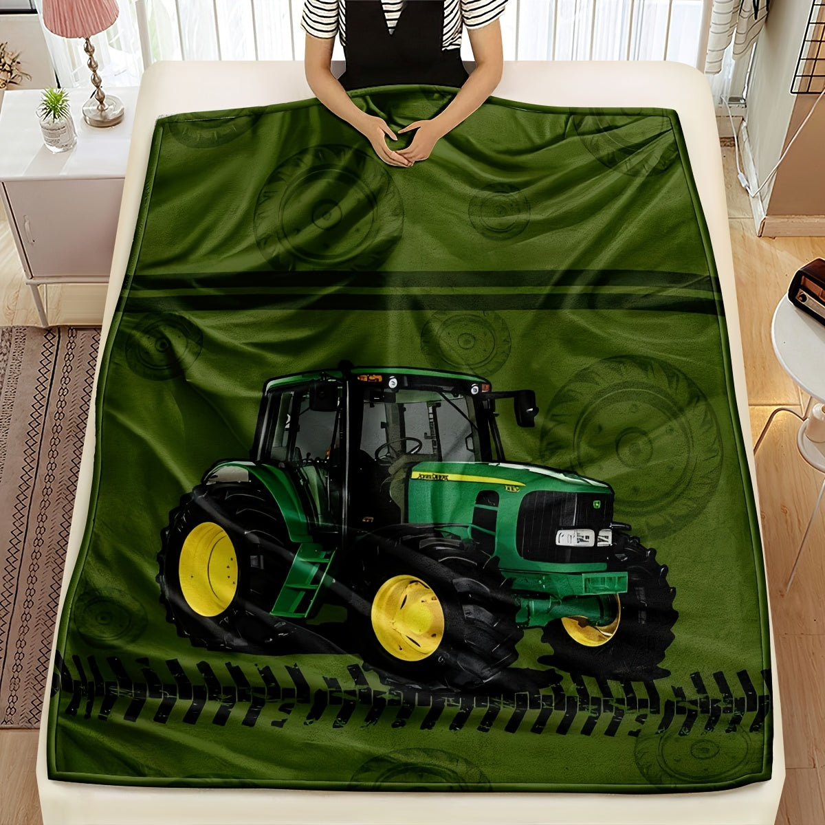 Cozy up with this Soft Tractor Print Flannel Throw Blanket - Ideal for Bedroom Decor, Shawl Wrap, or Birthdays!