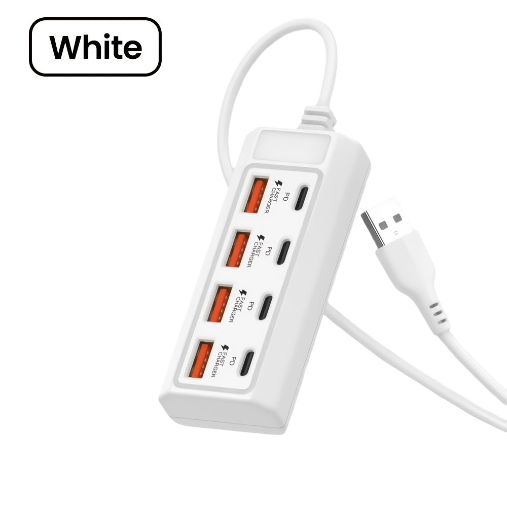 8-port USB adapter with 4 USB and 4 PD ports, 25W fast charging hub compatible with various USB devices and suitable for 5V devices like computers, laptops, and tablets.