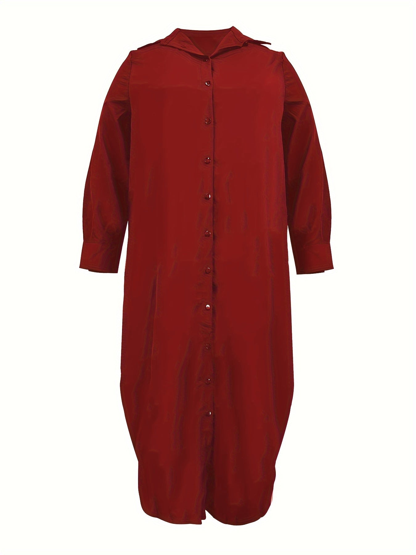 Women's plus size casual dress with solid long sleeves and lapel collar button-up design.