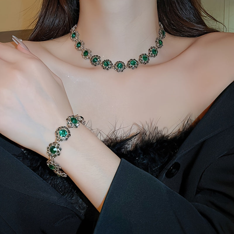 Stunning 3-piece Jewelry Collection featuring Stunning Green Rhinestone Details - Includes Opulent Necklace, Bracelet, and Earrings for Women | Ideal for Special Occasions and Everyday Elegance