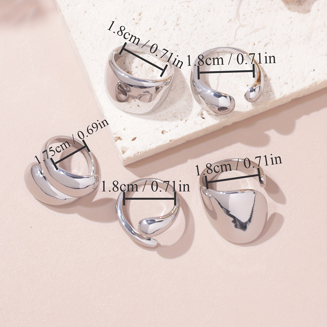 Set of 5 Metal Style Wide Open Rings, Women's Party and Holiday Jewelry in Silver, Finger Ring