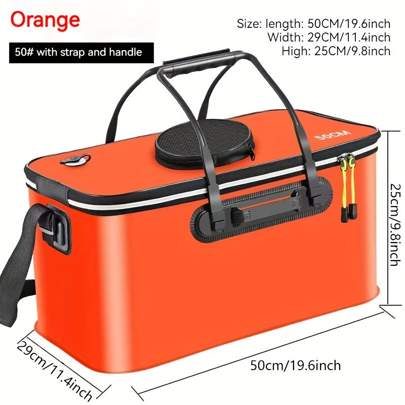 Compact EVA fishing gear bag with collapsible live fish bucket and tackle storage, waterproof and zip closure for camping.