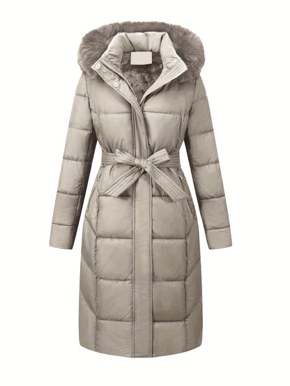 Elegant women's midi winter coat with faux fur hood and belt detail made of polyester. Features long sleeves and a solid color design. Non-waterproof outerwear.