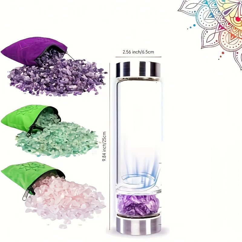 Water bottle with glass construction, removable amethyst, and protective cover included.