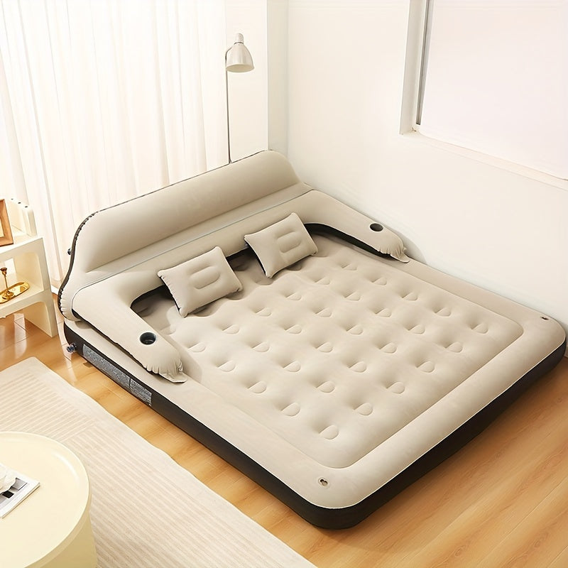 This inflatable air mattress features a headboard and stands at a height of 71.12cm. It has a comfortable flocked top and deep fill, made of plastic material with a polyester cover. The pump is included, requiring no electricity or battery. Perfect for