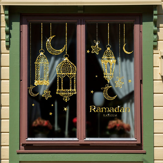 Enhance the ambiance of your bedroom, balcony, or windows with this set of two 20*30cm Ramadan lantern atmosphere decorations. These static electricity stickers feature double-sided printing with a visible pattern on both sides. Enjoy the silk finish and