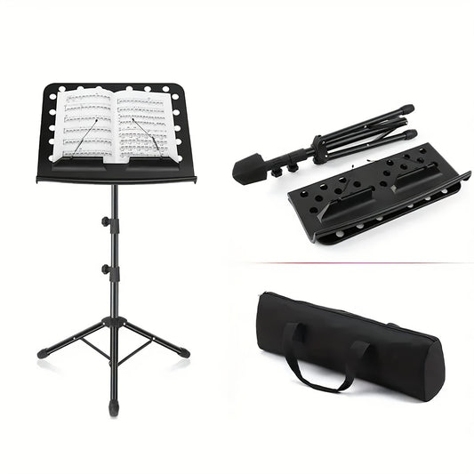 Foldable music stand with adjustable height and carrying bag. Durable alloy construction, ABS panel. Suitable for various instruments. Black color.