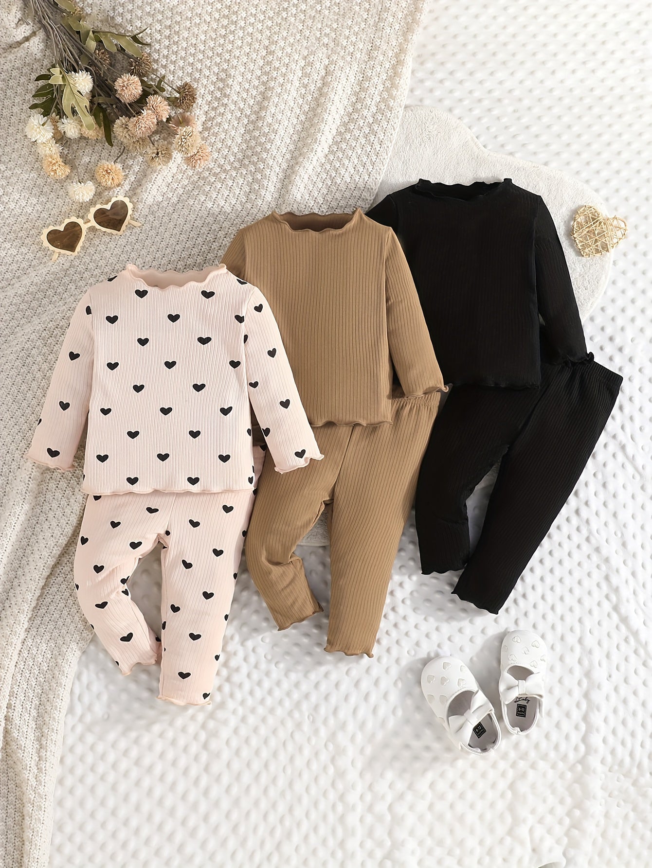 Girls' 3-piece long sleeve outfit set with heart pattern, solid brown & black colors. Made of polyester blend and machine washable. Cozy knit fabric suitable for all seasons, perfect for