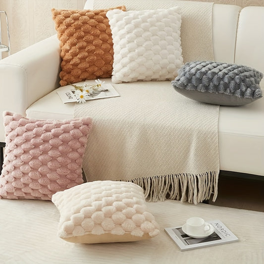 Thick rabbit fur pillow cover for cozy sofa decor. Soft plush material with zipper closure, machine washable. Square cushion in solid color, made of polyester.