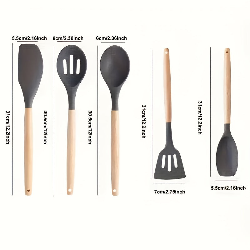 5-piece Non-Stick Kitchen Utensil Set with Wooden Handles, Safe for Food Contact - Ideal for Frying, Serving Soup & Sauces