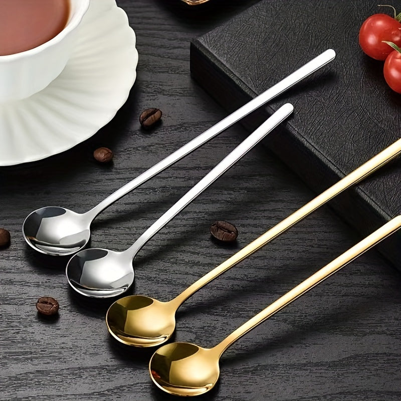 Set of 4 Stainless Steel Long-Handled Spoons - Ideal for Coffee, Milk, Ice Cream, and Honey - Beautiful Gold Finish, Small Round Design, Great for Mixing and Serving Cake