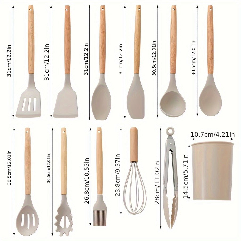 Set of 12 silicone utensils with khaki color and wooden handles, ensuring safety while cooking. These non-stick kitchen tools are washable and modern, providing a range of cookware and gadgets for your kitchen.