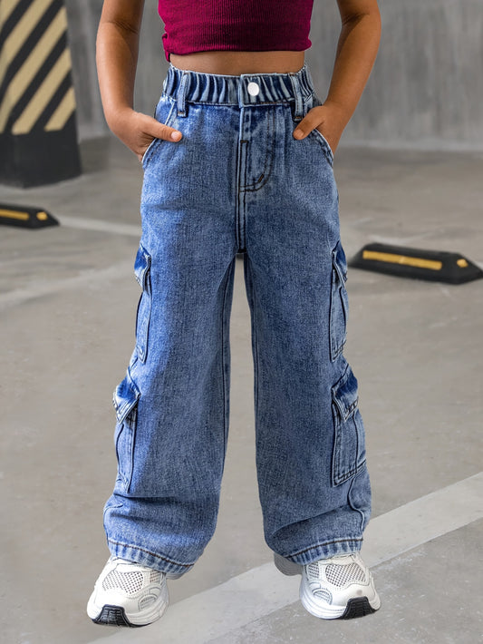 Y2K Washed Denim Cargo Jeans for Girls: Elastic waistband, multi-pocket design, perfect for school and streetwear. Ages 8-15.