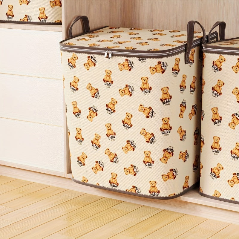 Foldable fabric storage bag for teddy bear clothes quilt in bedroom.