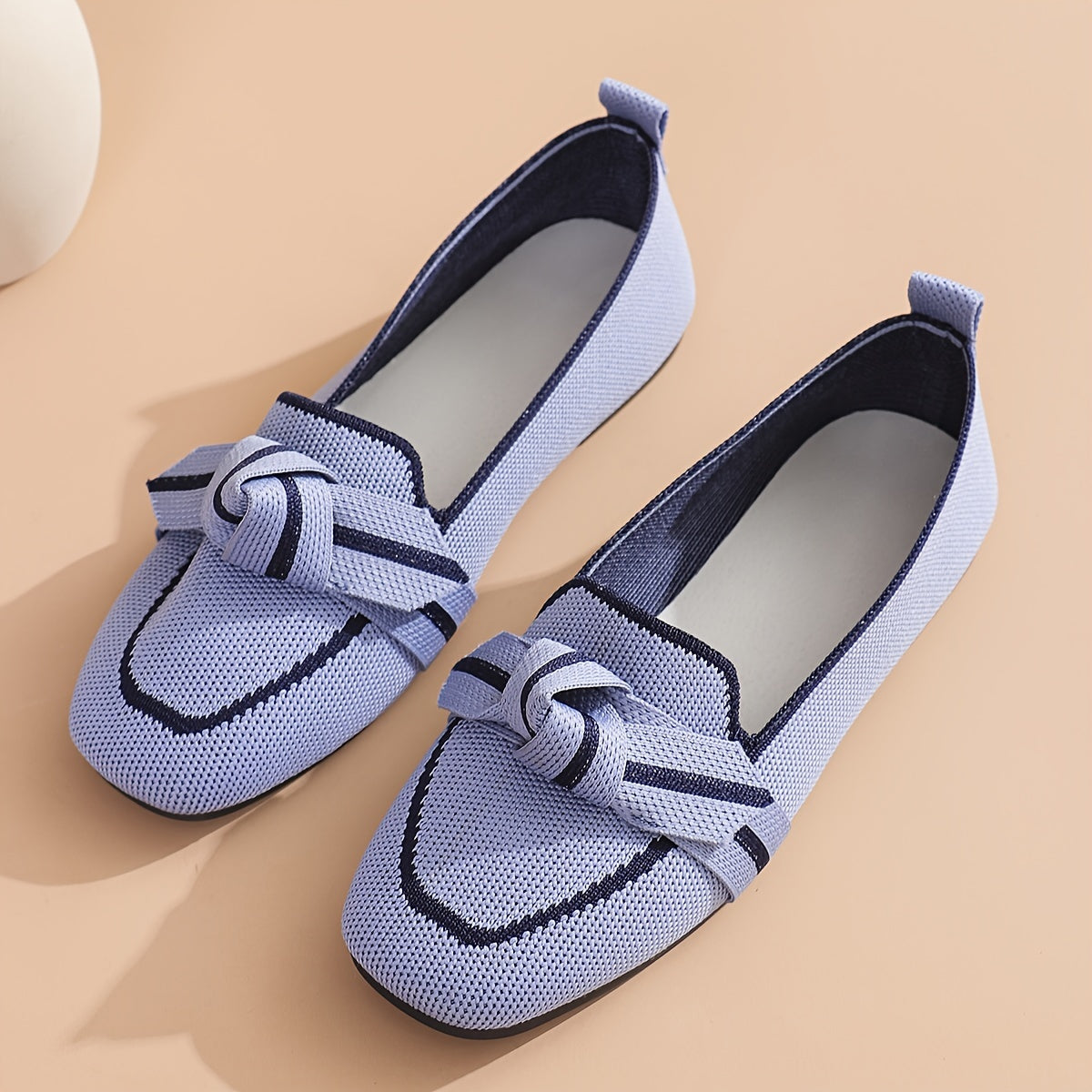 Women's bow design flat shoes with a soft knitted square toe, lightweight and breathable slip-on flats.