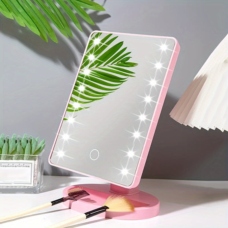 Portable makeup mirror with touch control and 3 levels of brightness, can be powered by USB or batteries, ideal for home and dorm use.