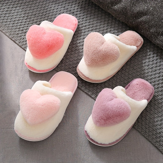 Warm and comfortable winter heart pattern slippers for women with faux fur, thicken plush, and non-slip sole.