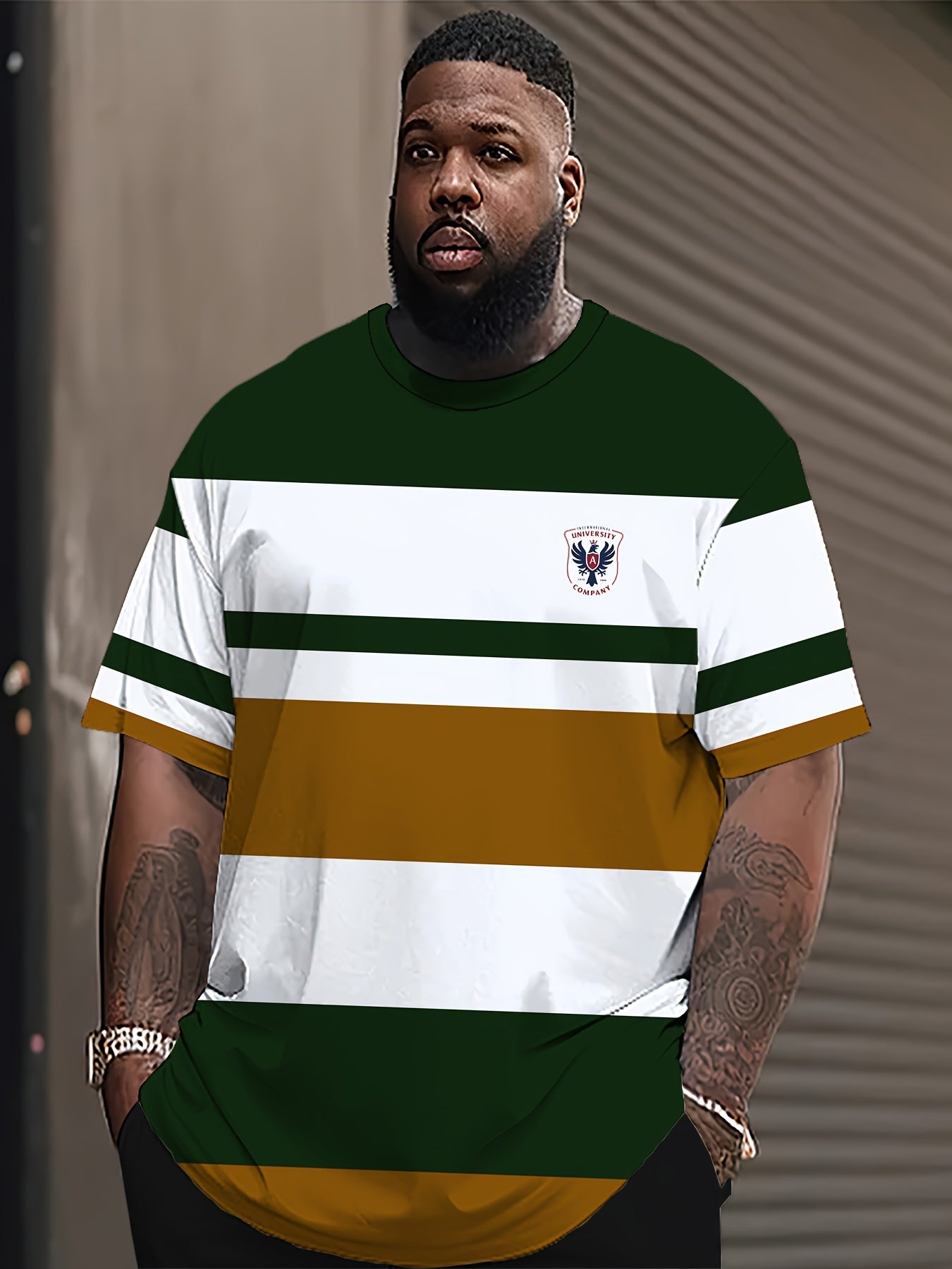 Men's 3D Striped Print T-shirt with crew neck, short sleeves, slight stretch, all-over print, regular fit, 140g/m² knit fabric, and available in plus size.