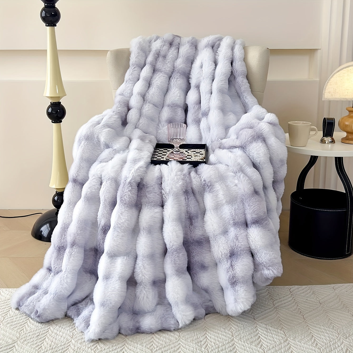 One piece of tie-dye faux rabbit fur blanket with shaggy short plush material for a soft, fluffy bed or sofa blanket, perfect for cozy naps and throws.