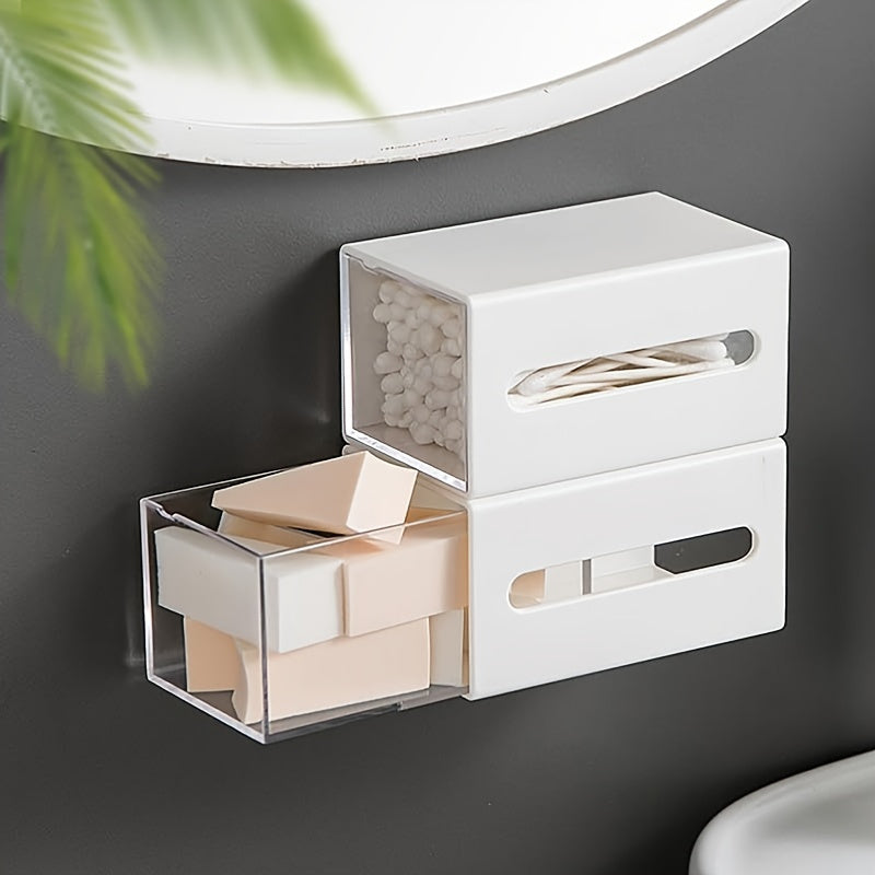 Versatile wall-mounted storage organizer with drawer for bathroom, office, and dorm. No-drill flip design for cosmetics and hair accessories.