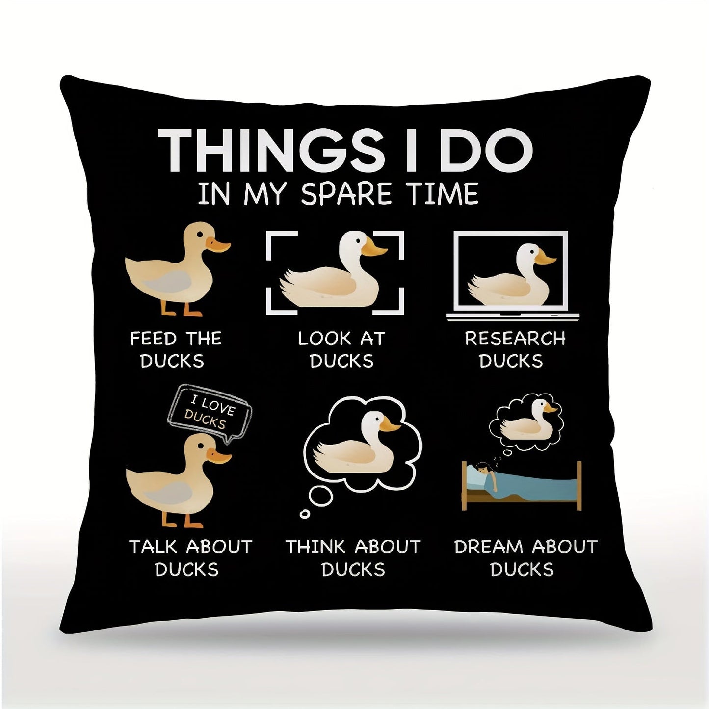 Throw Pillow Cover featuring a Funny Duck design, perfect for showcasing "Things I Do In My Spare Time." Measuring 45.72 x 45.72 cm, this cover is ideal for adding a touch of whimsy to your bedroom, living room, or girl's room decor. A great gift for