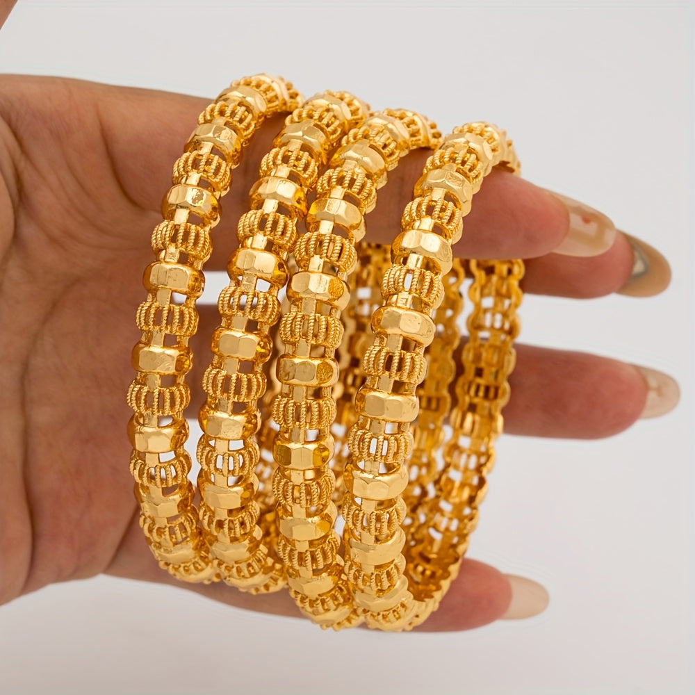 Set of 4 elegant bangles crafted from gold-tone alloy, inspired by Dubai's luxury fashion. Perfect for women seeking Middle Eastern style for bridal, festival, or everyday wear. A thoughtful Thanksgiving gift that can be worn year-round.