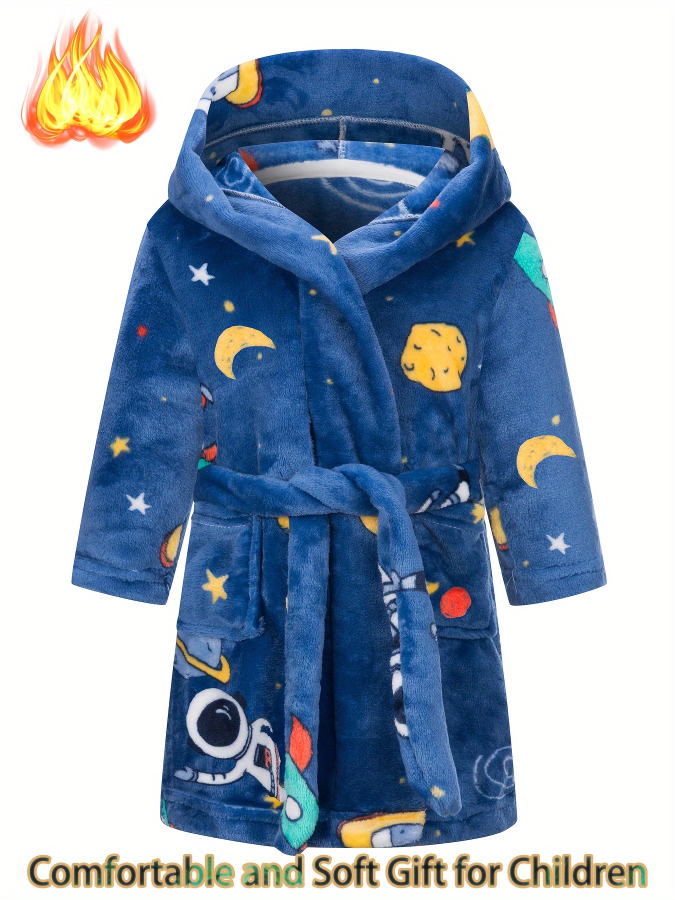 Soft and warm children's space-themed flannel bathrobe with astronaut and planets design, hood, and pockets. Ideal for ages 2-11, fire-resistant material perfect for young space