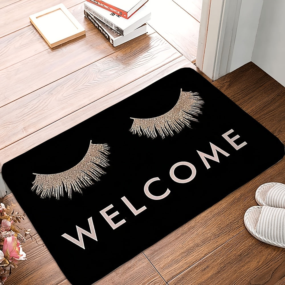 Pink eyelashes and letters patterned kitchen rug made of polyester vinyl material. This mat is anti-slip and absorbent, perfect for use in the kitchen, home office, sink area, or laundry room. It also provides anti-fatigue properties for added comfort.