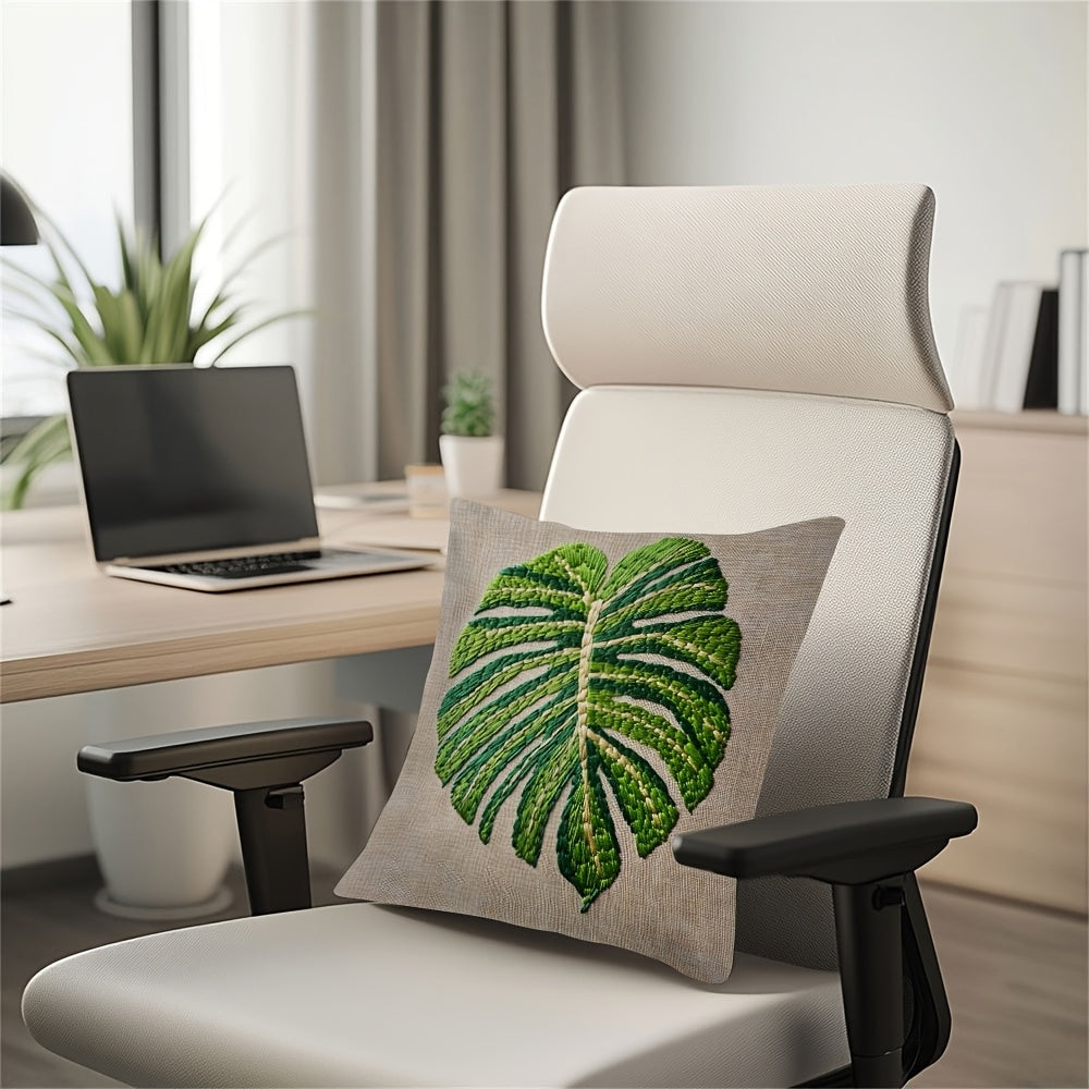 Monstera Leaf Pattern Pillow Cover - 1 Piece, Made of 100% Polyester, Two-Sided Print, Square Shape, Easy to Machine Wash. This decorative cushion case is perfect for your home, office, living room, car, or sofa. Measures 45.72x45.72 cm and does not