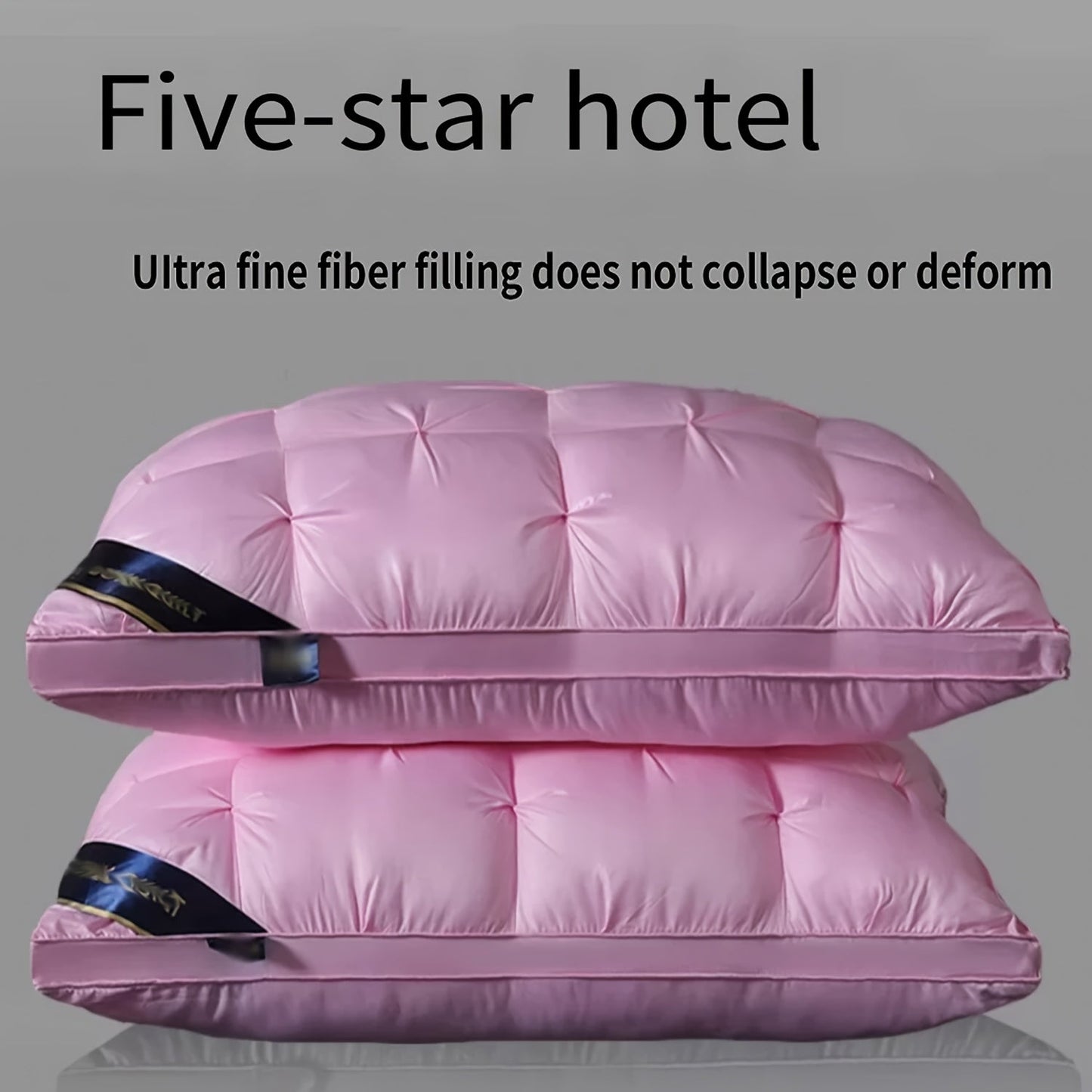 Two high-quality microfiber pillows for luxurious hotels, designed with a compressible flower-crafted neck support and a soft polyester cover. These pillows are dry clean only, made with woven fabric and weigh 95 grams each. They offer a moderate