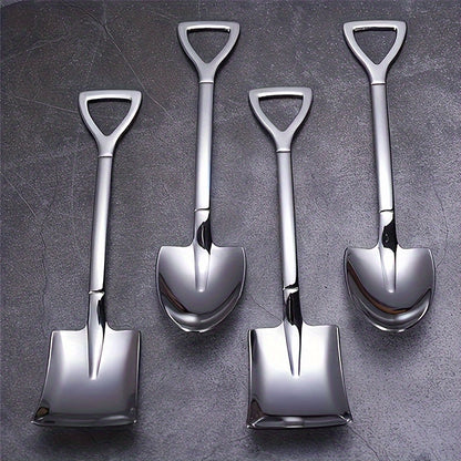 Set of four stainless steel dessert spoons, 6 inches in length perfect for mixing teas, desserts, coffee, tea, ice cream, fruit, and cake. Ideal for use in home kitchens, restaurants, as well as for holiday celebrations such as Christmas, Halloween, and