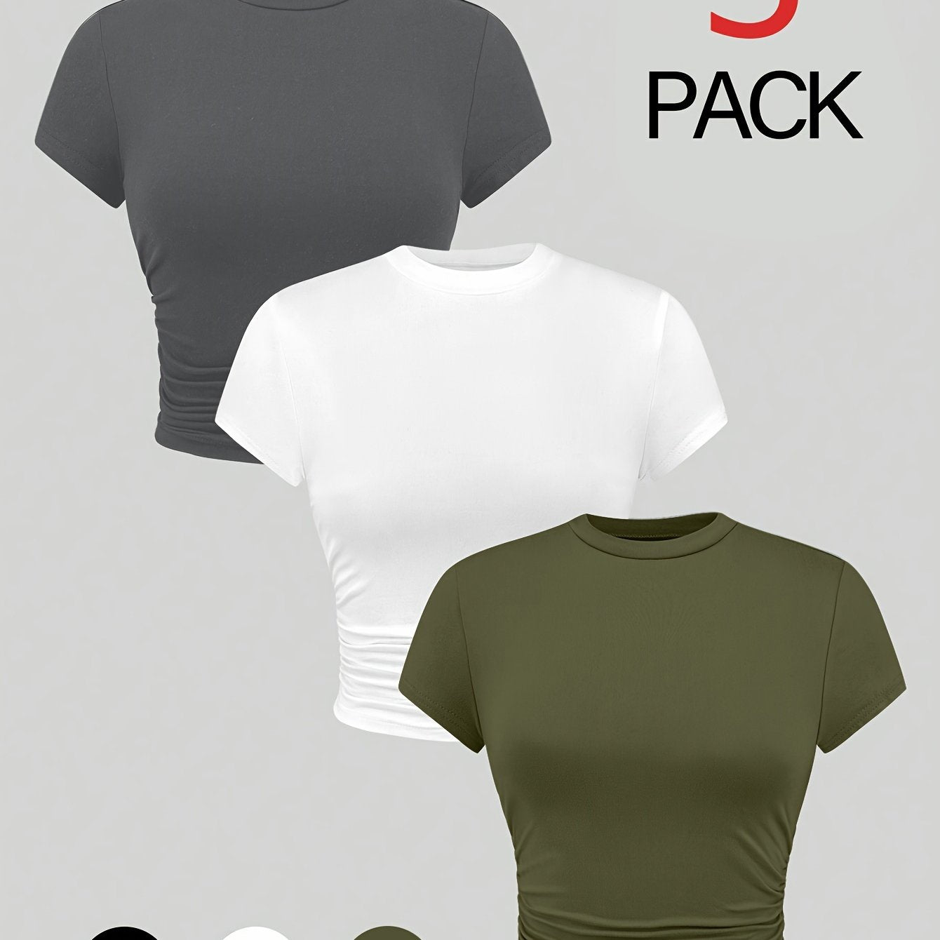 3-Pack of Solid Side Ruched T-shirts, Casual Crew Neck, Short Sleeve, Perfect for Spring & Summer, Women's Clothing