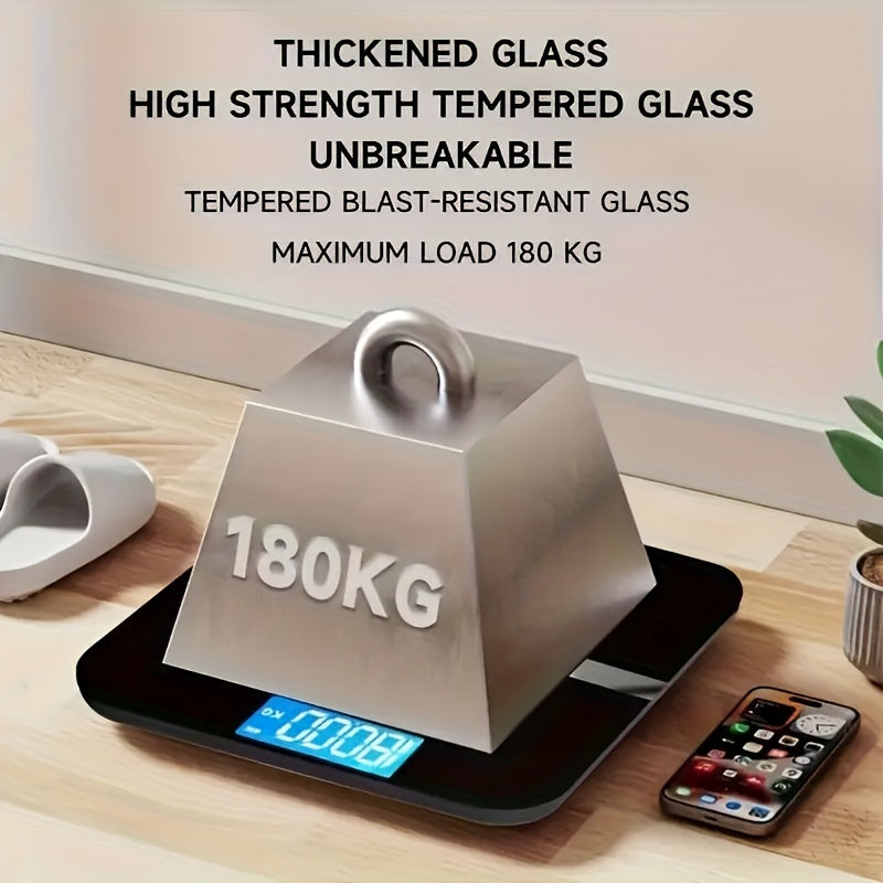 Compact adult body scale with wide platform, high capacity, accurate readings, clear display, and backlight feature, up to 176.9 KG.