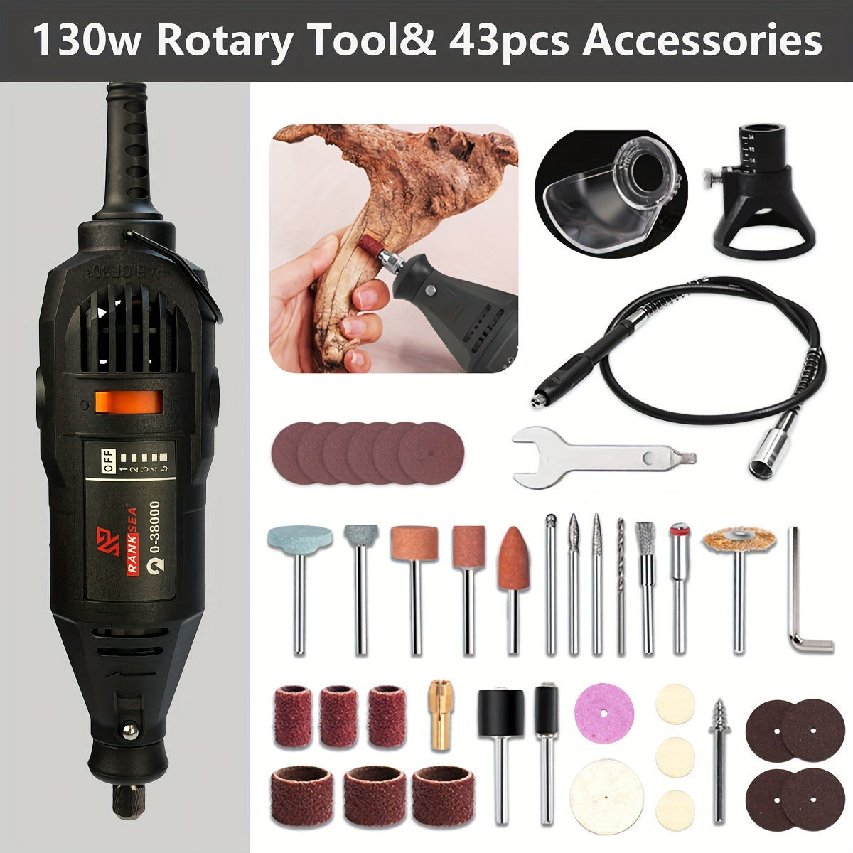 Rotary tool kit with 5 speed adjustments and 218 accessories for various projects.